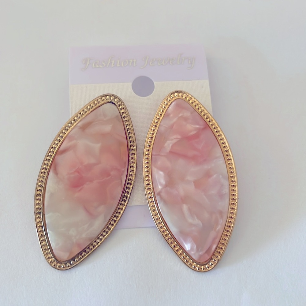 Almond Shaped Pink Marble Statement Earrings - image 2
